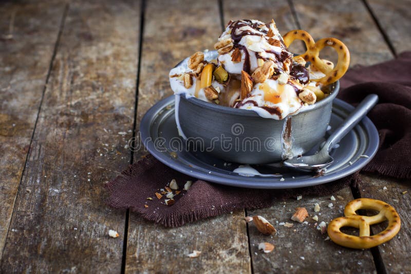 Delicious homemade ice cream with salted caramel and chocolate stock images Delicious homemade ice cream with salted caramel and chocolate stock images