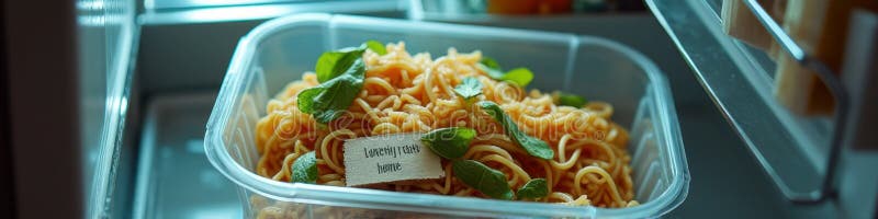 Delicious homemade noodles with fresh basil in fridge container stock photography