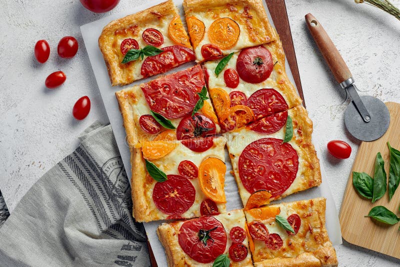 Delicious Homemade Square Pizza with Vegetables on White Stock Image