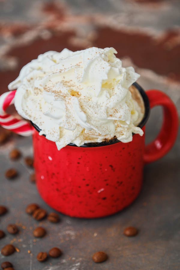 Delicious Hot Chocolate with Whipped Cream in Red Cup Stock Image