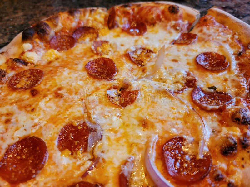 Hot Pepperoni Meat Pizza with Cheese and Onion Stock Photo Image of cheesy, italian 249210562