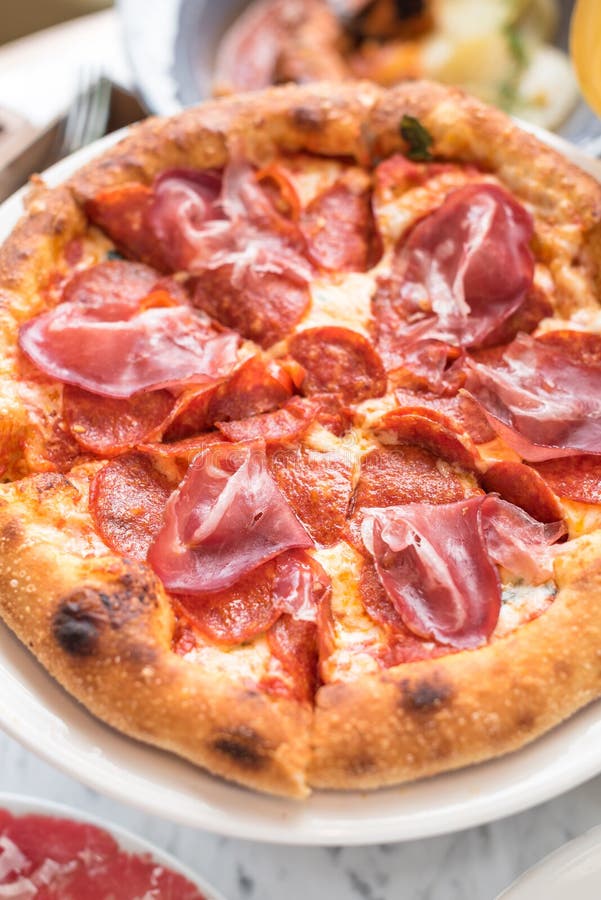 Delicious Italian Parma Ham and Pepperoni Pizza Stock Image Image of