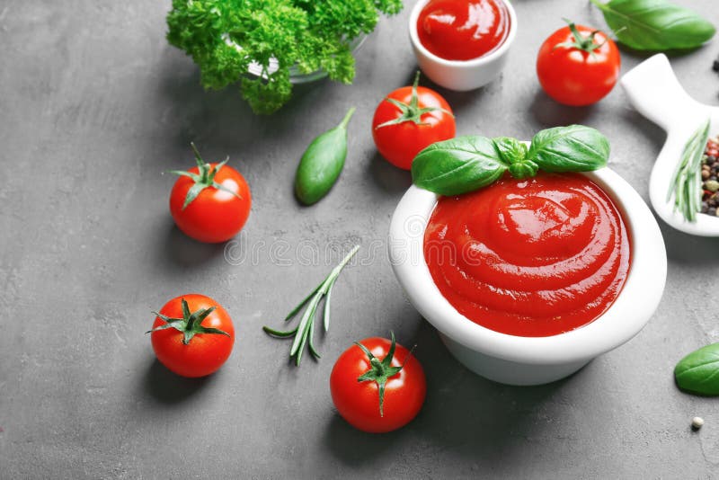 Delicious Ketchup In Bowl With Ingredients Stock Photo - Image of meal ...