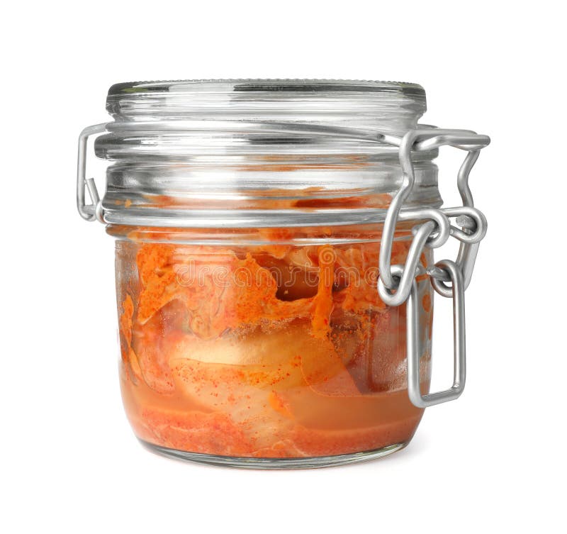 Delicious Kimchi with Chinese Cabbage in Jar Isolated on White Stock