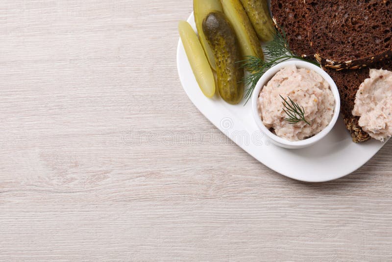 Delicious Lard Spread, Bread and Pickles on Wooden Table, Top View. Space for Text Stock Image