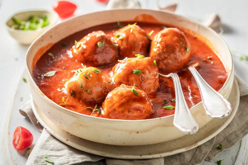 Delicious Meatballs With Fresh Herbs And Tomatoes Stock Photo Image of wooden, ball 142040636