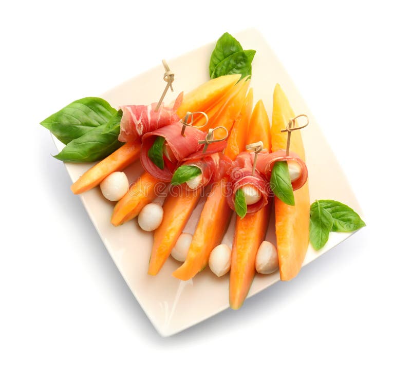 Delicious Melon with Prosciutto and Mozzarella Cheese on White