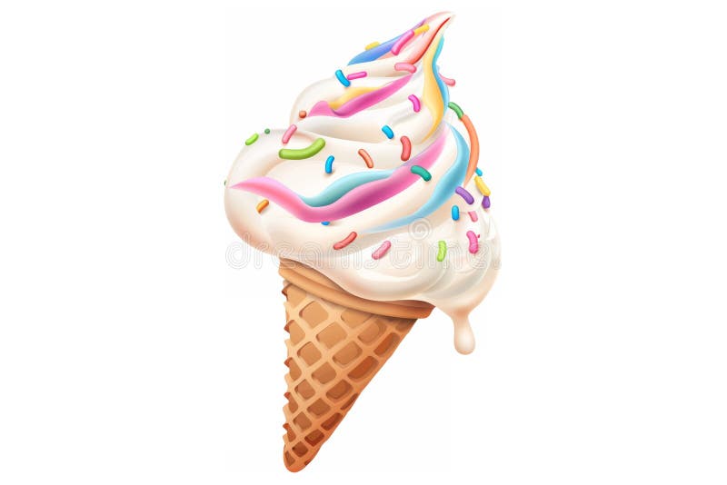 A delicious of a melting ice cream cone, with colorful sprinkles, on a white background stock images