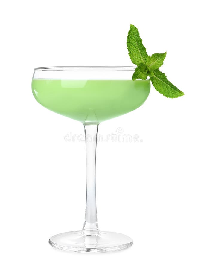 Delicious Mint Liqueur and Fresh Leaves Isolated on White Stock Photo