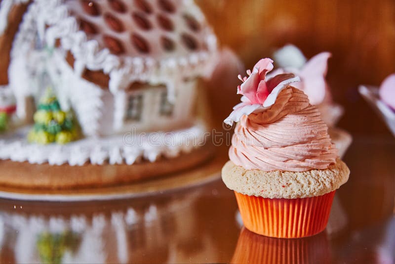 Delicious Muffins Decorated with Meringues and Souffle Crem Stock Image