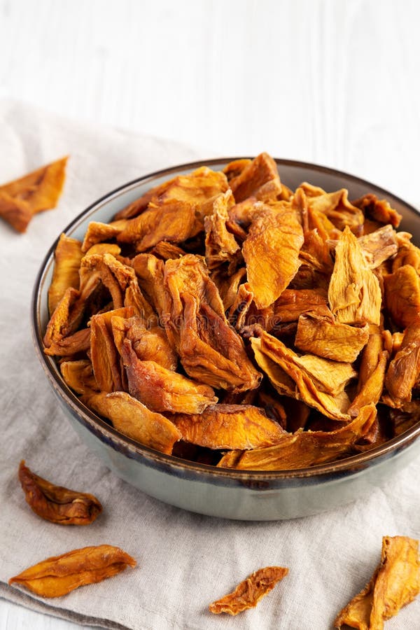 Delicious Organic Dried Mango Fruit in a Bowl, Side View. Copy Space