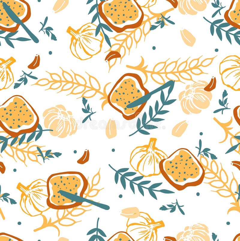 Delicious Organic Homemade Garlic Bread Vector Graphic Art Seamless Patter vector illustration