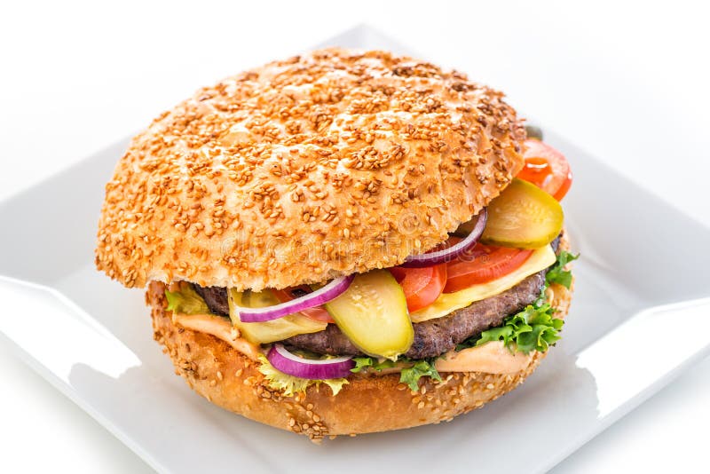 Delicious original american hamburger with grilled beef and vegetables on white plate, snack or lunch, product photography for res