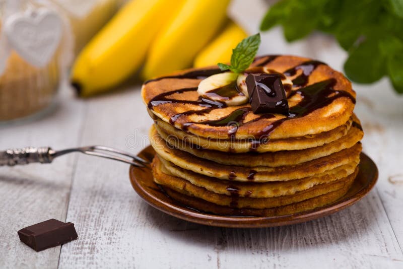 Delicious Pancakes with Bananas and Chocolate Stock Image Image of