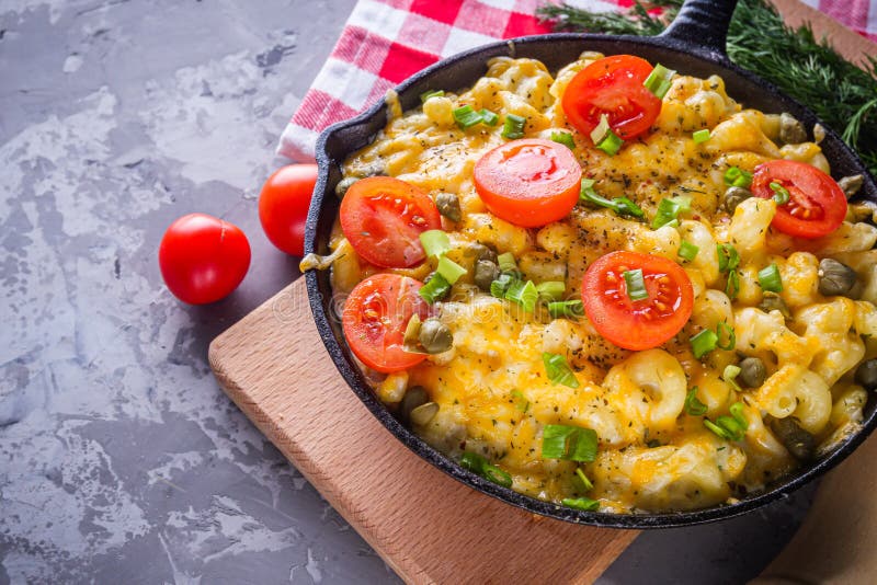 Delicious Pasta and Cheese Casserole in a Cast Iron Skillet Stock Image
