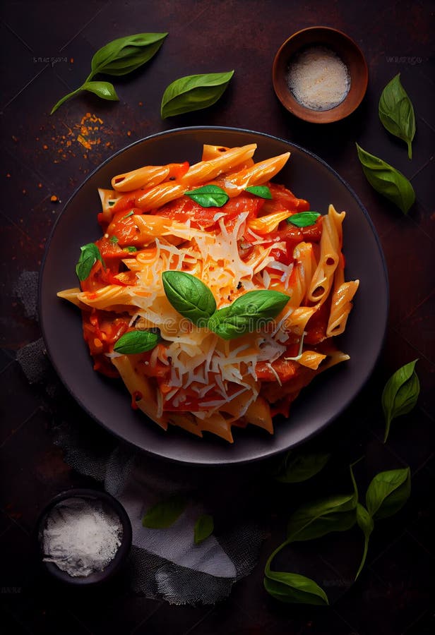 Delicious Pasta with Parmesan Cheese, Top View. AI Generated Stock