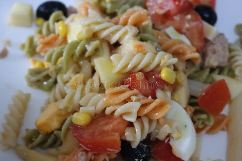 Delicious Pasta Salad with Tomato Corn Asparagus Egg Sauce Rose Stock