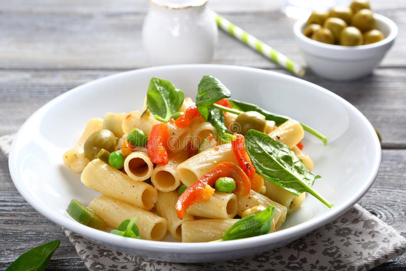 Delicious Pasta with Spinach and Green Peas Stock Photo Image of
