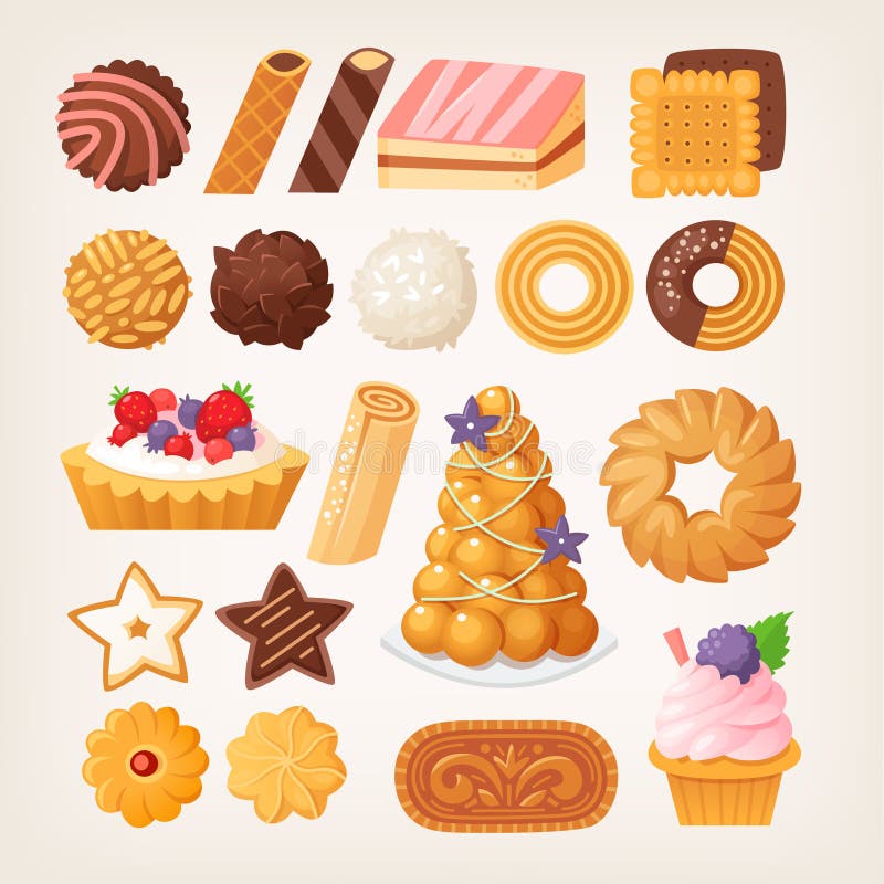 Delicious pastry products in different shapes and flavors made from various kinds of dough. Cookies and biscuits, cakes and waffles. Isolated vector images for your designs.