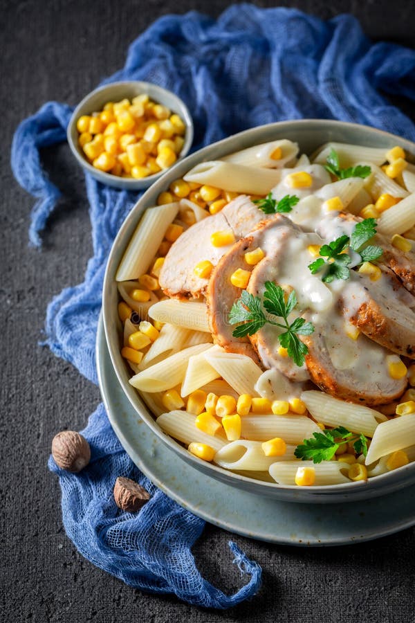 Penne with Chicken, Corn and Bechamel Sauce Stock Image Image of