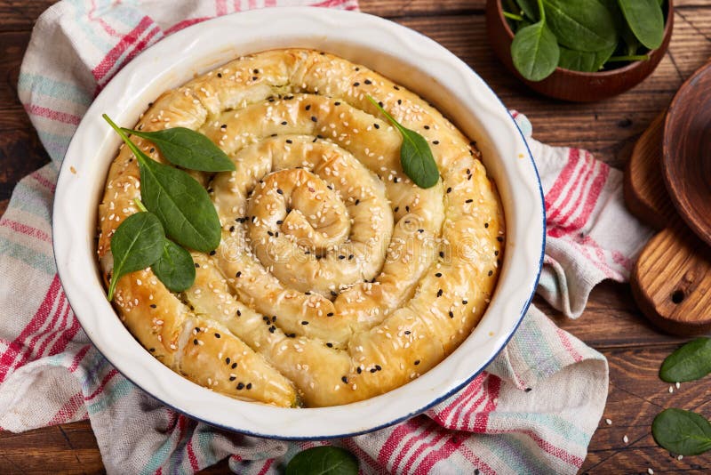 Delicious Pie with Spinach and Feta Cheese, Made from Filo Pastry