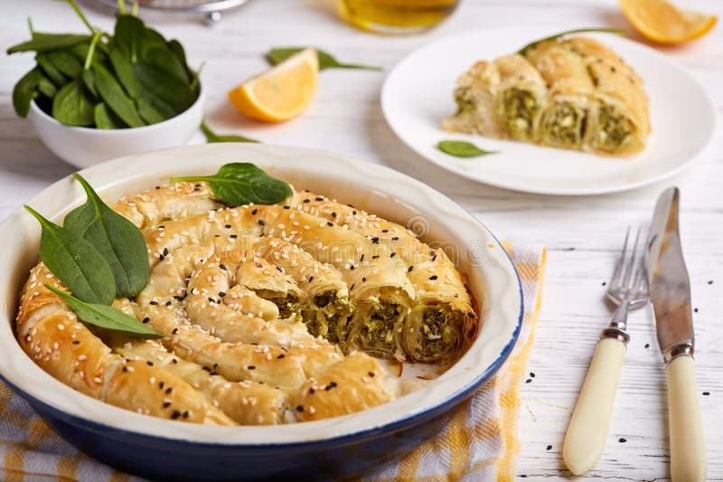 Delicious Pie with Spinach and Feta Cheese, Made from Filo Pastry