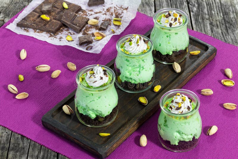 delicious pistachio Cheesecake Mousse topped with whipped cream, stock photography delicious pistachio Cheesecake Mousse topped with whipped cream, stock photography