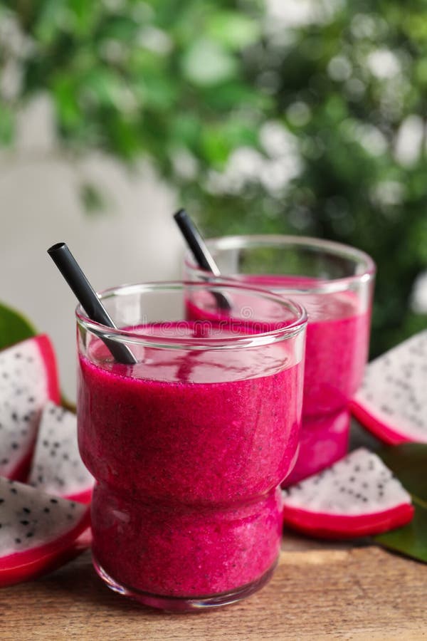 Delicious Pitahaya Smoothie and Fresh Fruits on Wooden Table Stock ...