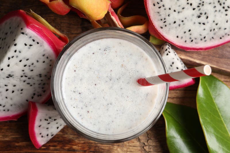 Delicious Pitahaya Smoothie and Fresh Fruits on Wooden Table, Flat Lay ...