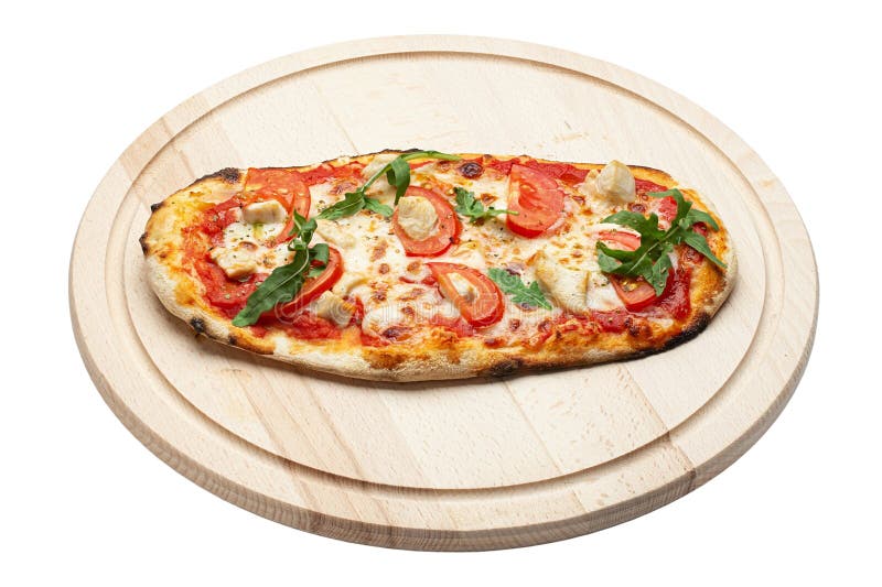 Delicious pizza served on wooden plate isolated on white background. File contains clipping path. Concept for advertising flyer. And poster for restaurants or