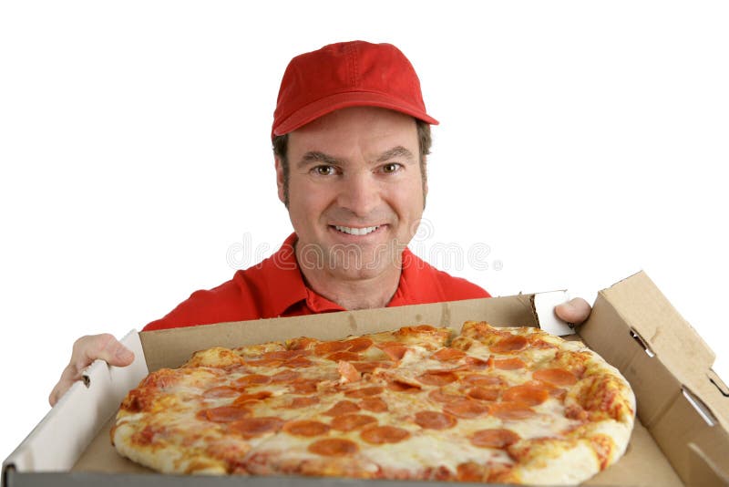 A pizza delivery man holding a delicious pepperoni pizza. 