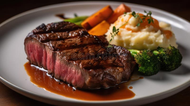 A Delicious Plate of Grilled Steak with Roasted Vegetables and Mashed