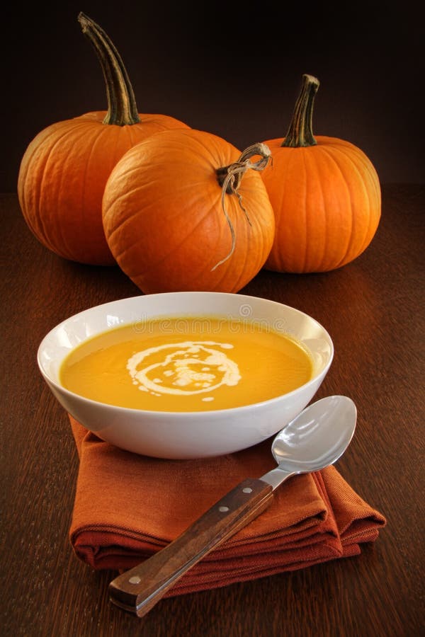 Creamy Pumpkin Soup in a Blue Bowl Close Up Stock Photo Image of