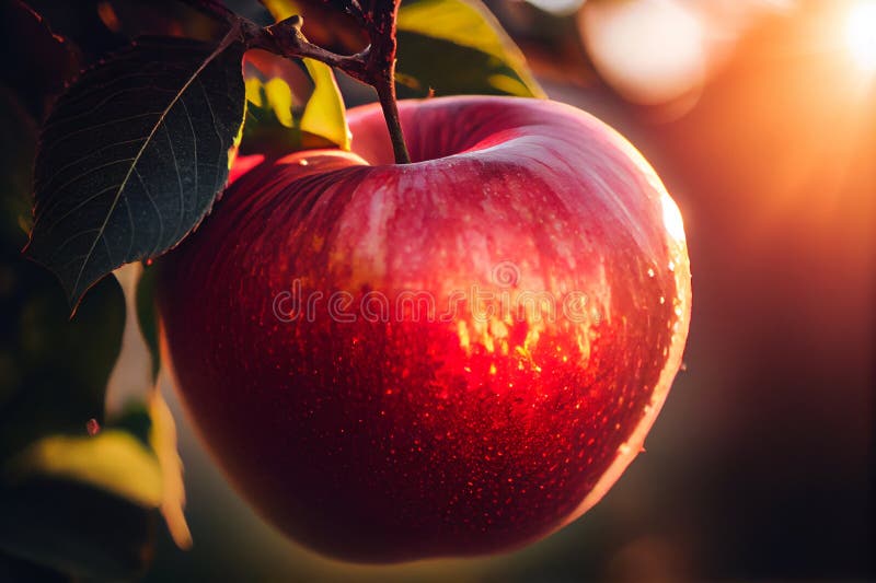 Delicious Ripe Apple Hanging on a Tree with Sunset Golden Hour. AI