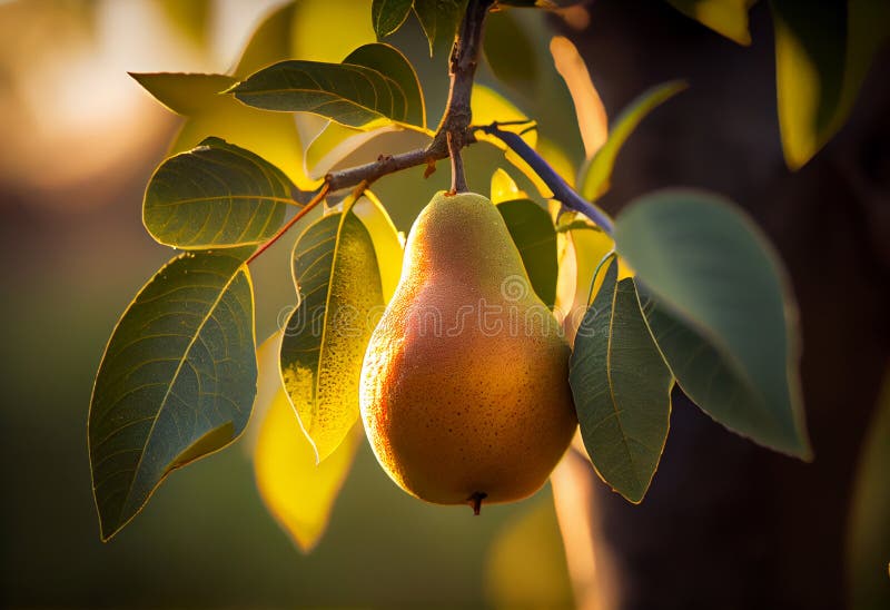 Delicious Ripe Pear Hanging on Tree with Sunset Golden Hour. AI