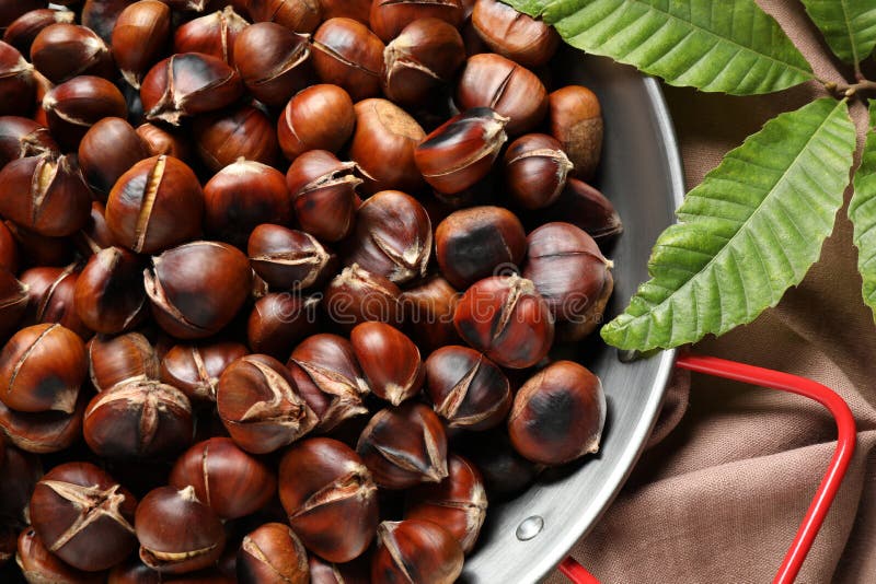 Delicious Roasted Edible Chestnuts in Frying Pan on Table, Top View