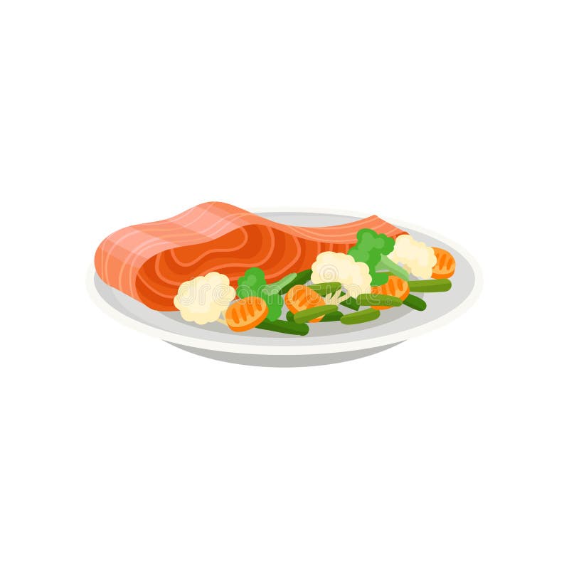 Delicious salmon fish with fresh vegetables on ceramic plate. Healthy meal. Tasty dish for dinner. Flat vector icon