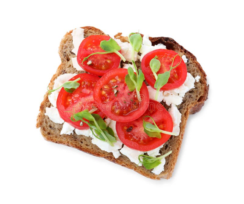 Delicious Sandwich with Cherry, Microgreens and Cheese on White Background, Top View Stock Photo