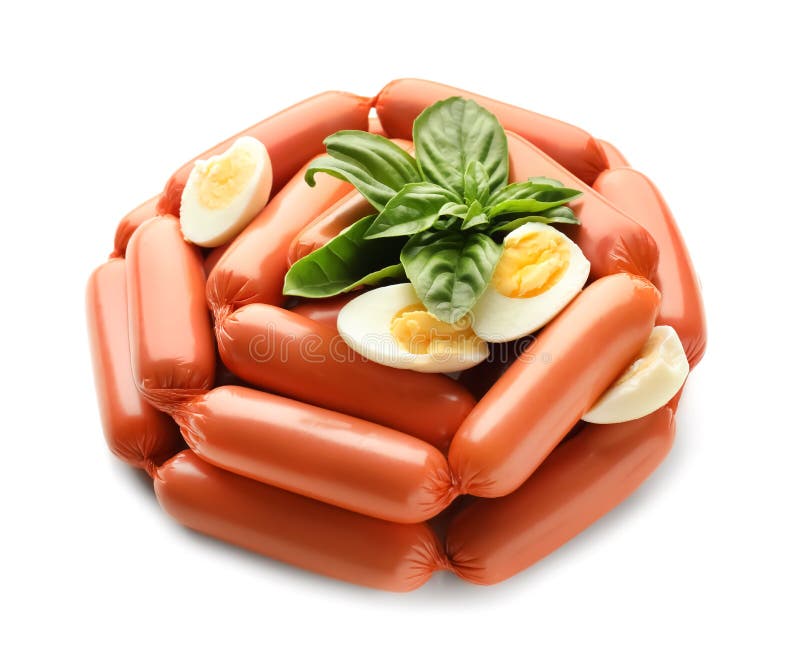 Delicious Sausages with Boiled Eggs on White Background Stock Photo