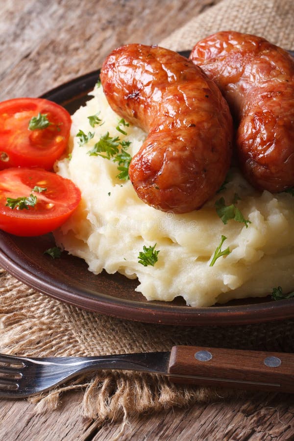 Sausages with Mashed Potatoes and Vegetables Top View Stock Image