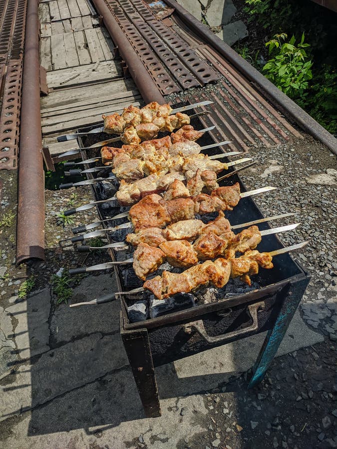 Delicious Shish Kebab is Prepared on an Old Black Grill in Altai, Russia. Vertical Editorial Stock Image - Image of party, barbeque: 190138174
