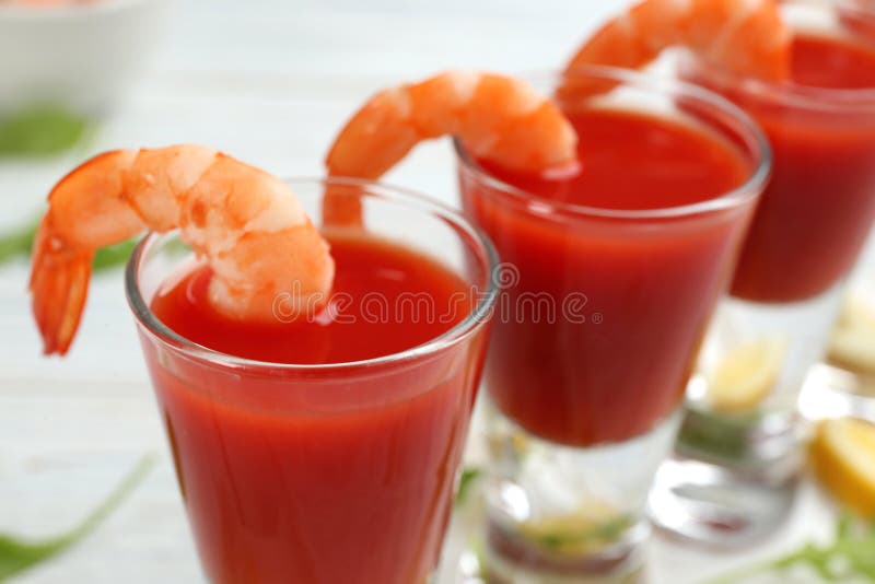 Delicious shrimp cocktail with sauce, closeup