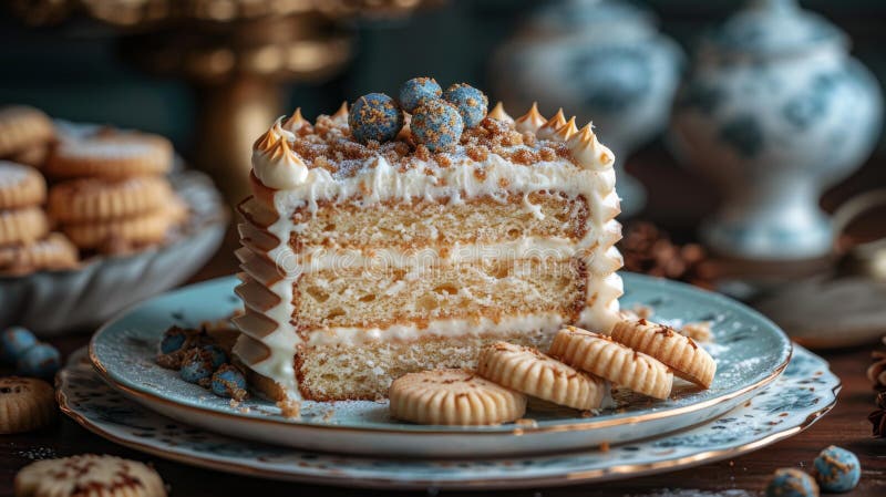 Delicious slice of layered cake with berries - generative ai stock illustration