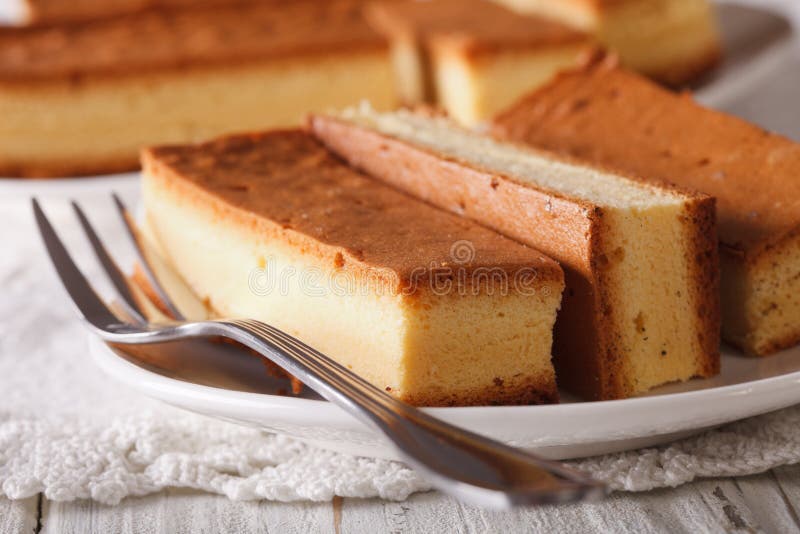 Delicious Sliced Japanese Castella Cake Closeup. Horizontal Stock Photo Image of flour