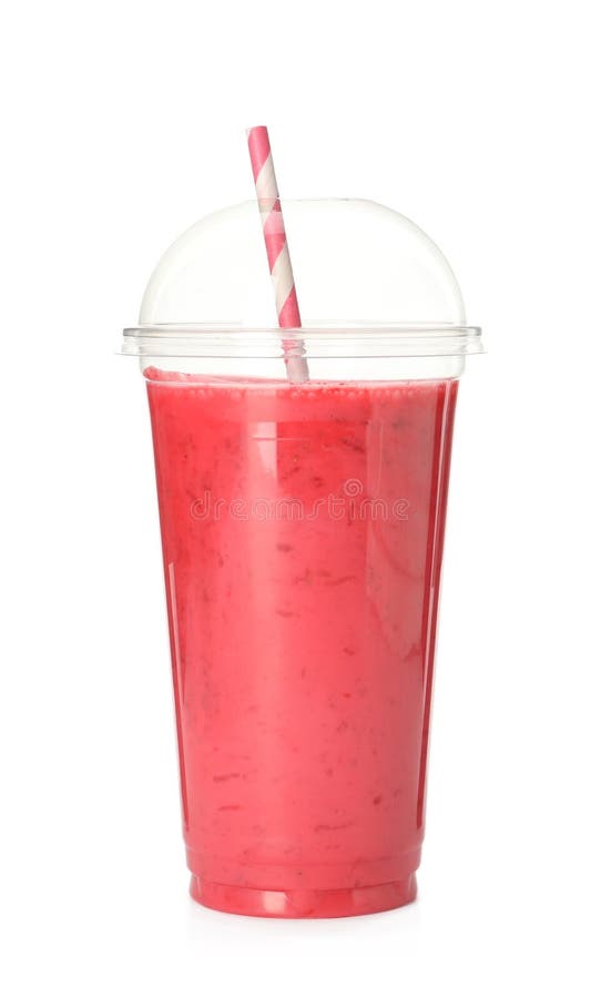 Delicious smoothie with straw in plastic cup isolated on white royalty free stock images