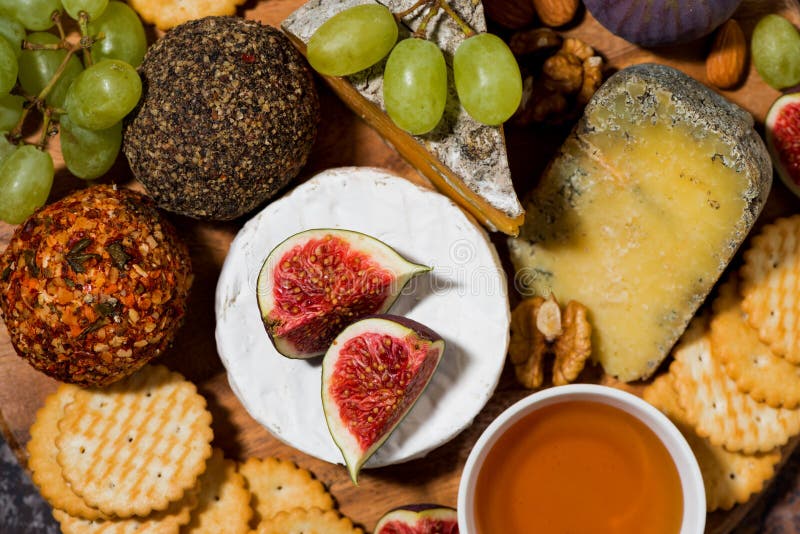 Delicious Snacks, Cheese, Crackers and Fresh Fruits, Top View Stock