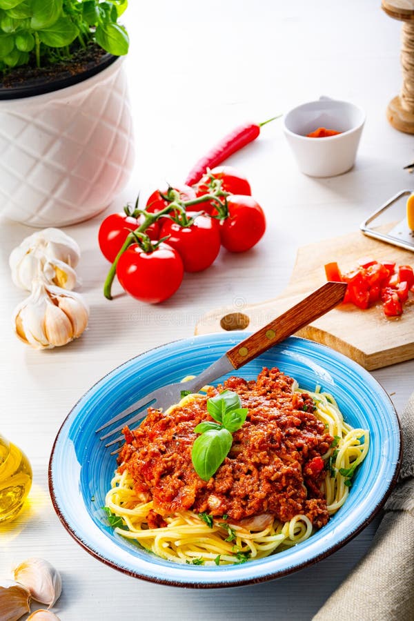 A Delicious Spaghetti Bolognese on White Background Stock Photo Image