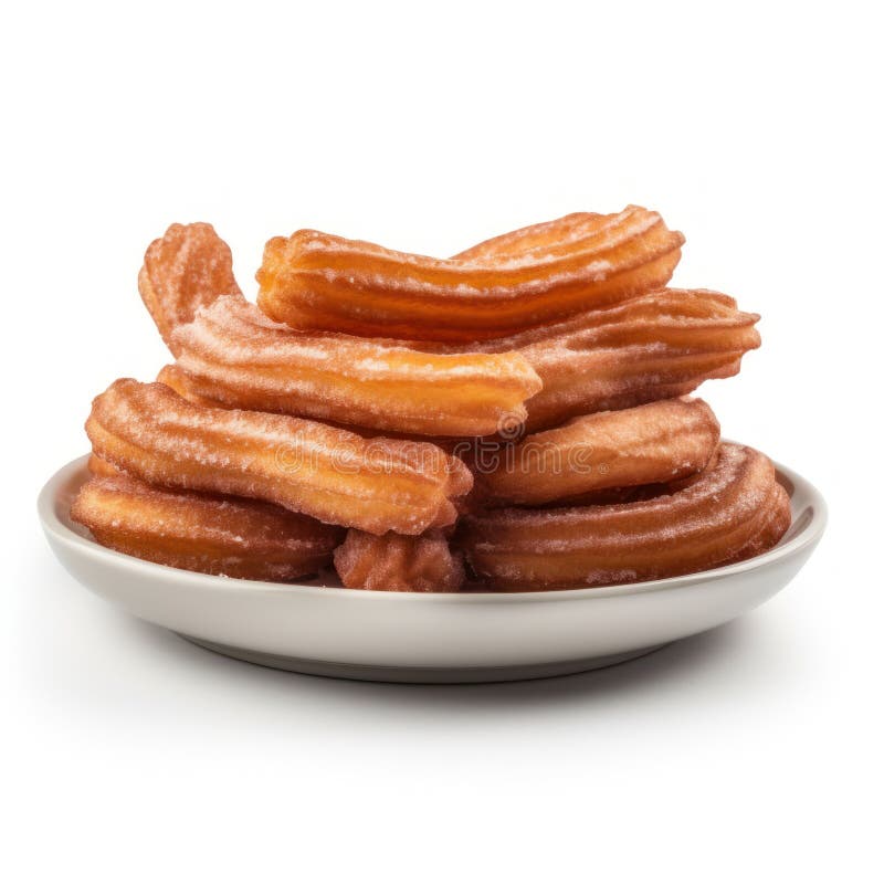 Delicious Spanish Churros with Sugar and Cinnamon on a Plate . Stock
