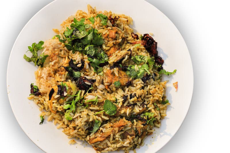 Delicious spicy chicken biryani in white bowl on white background, Indian food. Chicken Dum Biryani in a Pot on White Background Top View Photo. Popular Indian non vegetarian food. Chicken dum biryani stock images, royalty-free photos and pictures