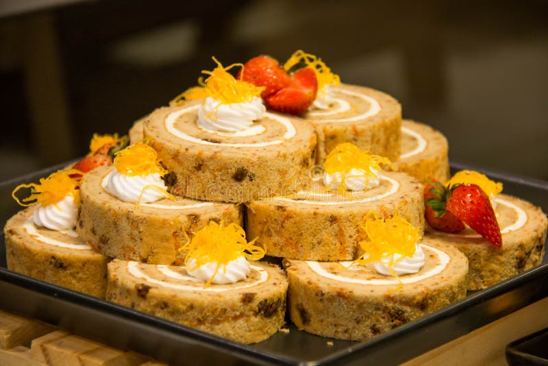 Sponge Cake Roll with Cream on Plate Stock Image Image of baked, roll